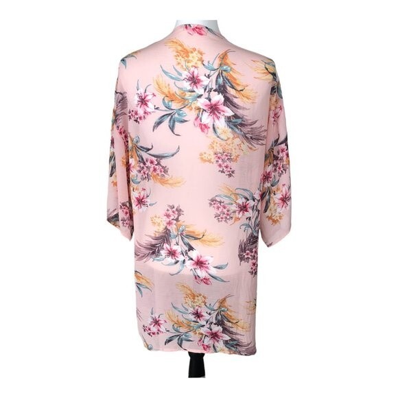 Pinkline Floral Kimono Cardigan Light Pink Floral Sheer 3/4 Sleeve Size L - Picture 3 of 10
